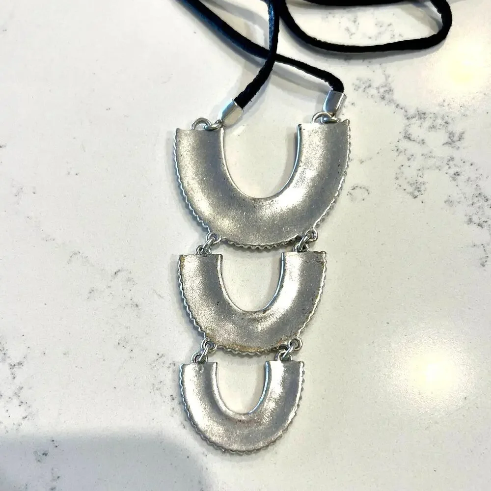 NWT Lucky Brand Pave Leather Arch Silver Boho Pendant Necklace
